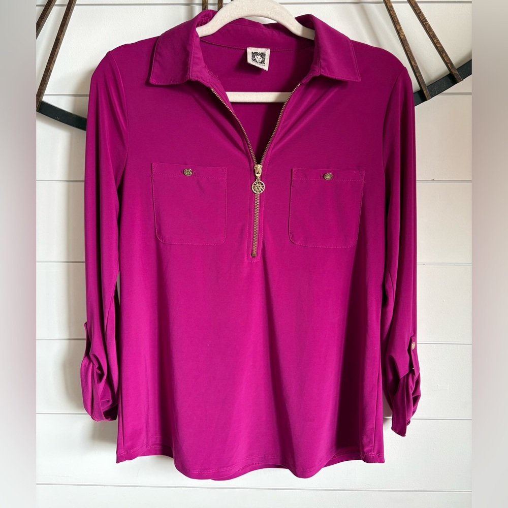 Anne Klein Magenta Half Zip Blouse w 2 Chest Pockets, Long Sleeves w Roll-Tabs - Picture 8 of 9